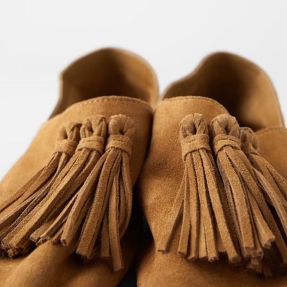 ZARA 100% Suede Leather Tan Moccasin Tassels Loafers Size 8 - Picture 5 of 12